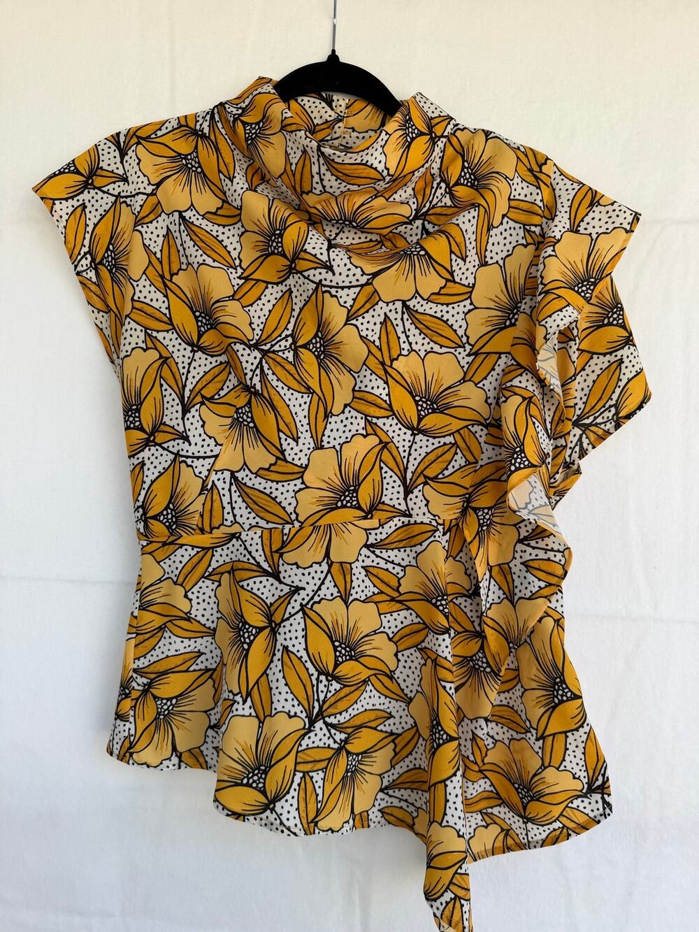 opshop Yellow Floral Polka Dot Cowl Neck Ruffle Blouse Top US 8 / EUR 40